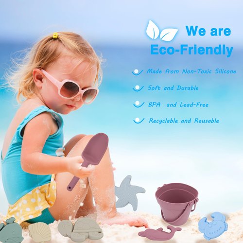LAT 8Pcs Silicone Beach Toys-Summer Kids Beach Set with Silicone Bucket, Shovel, 6 Sand Molds | Outdoor Playset for Toddlers, Kids(Pink)