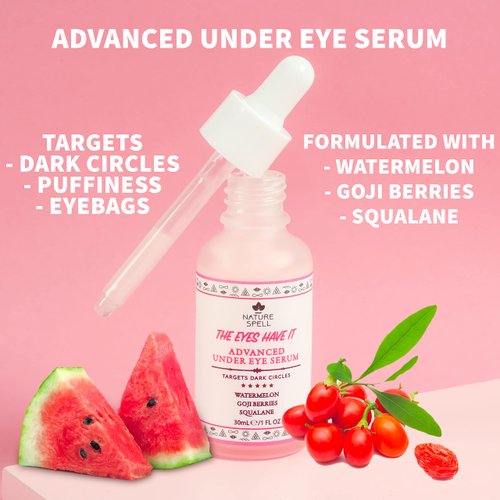 Nature Spell Advanced Under Eye Serum with Watermelon & Goji Berries 1 Fl Oz– Targets Dark Circles, Puffiness & Eyebags – Anti Wrinkle Under Eye Cream - 100% Vegan – Made in the UK