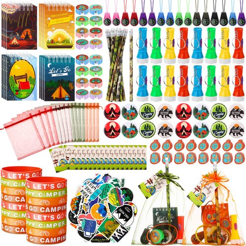 Chivertion 210 Pcs Camping Party Favors Camper Birthday Party Decoration Notepad Pencil Sharpener Eraser Badge Sticker Bracelet Compass Tag Keychain Flashlight Bag for Camping Theme Adventure Supplies