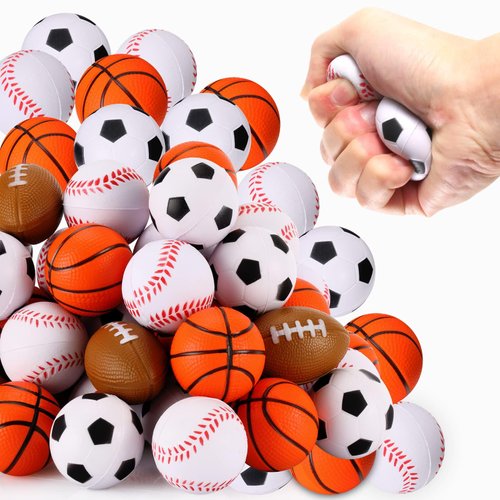 WELLVO Sports Party Favors 24 Pack 1.6 inch Sports Stress Relief Toys Goodie Bags Stuffers Mini Foam Fidget Toys for Stress Anxiety Relief Classroom Prizes Kids Return Gifts Birthday Party Favors Toys