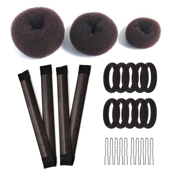 Hair Bun Maker Kit - 3 Bun Donuts, 2 French Twist Wraps, 10 Bobby Pins, and 10 Elastic Bands for Women and Kids - Chocolate Brown