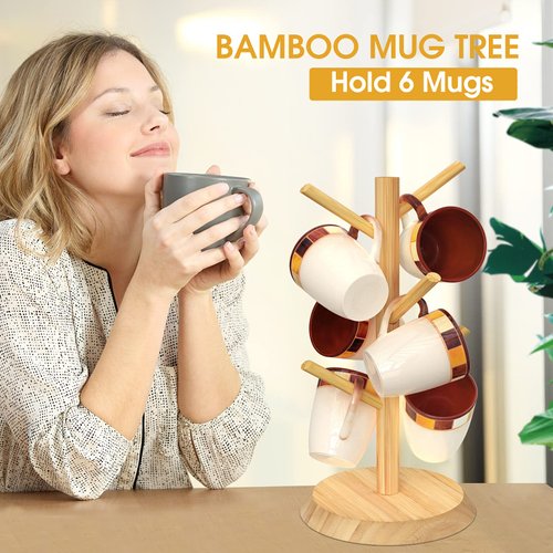 MaxGear Bamboo Coffee Mug Tree,Mug Rack, Coffee Cup Holder for Countertop, Wooden Coffee Cup Holder Stand, Coffee Mug Holder with 6 Hooks