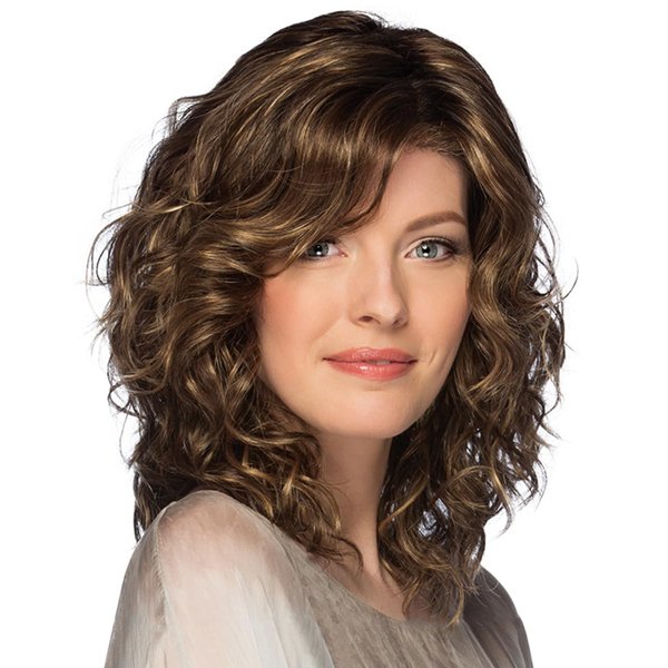 SEVENCOLORS Medium Length Brown Curly Wigs with Highlights Short Brown Mixed Blonde Wigs for White Women Natural Wavy Synthetic Hair Wigs