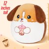 WEWILL 12‘’ Cute Soft Puppy Plush Pillow Drinking Boba Tea Adorable Dog Stuffed Animal Pillow Birthday Valentines for Toddler Kids Boys Girls