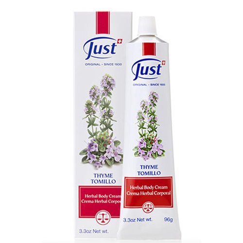 SwissJust Thyme Cream, Thyme Tomillo 96g. Massage Cream with Camphor Oil, Lemon Eucalyptus Chamomile Essential, Rosemary, Soybean, and Pine Essential Oils.