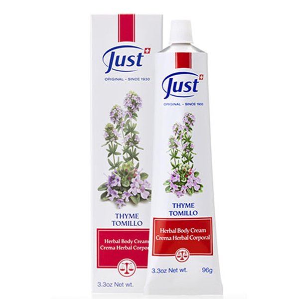 SwissJust Thyme Cream, Thyme Tomillo 96g. Massage Cream with Camphor Oil, Lemon Eucalyptus Chamomile Essential, Rosemary, Soybean, and Pine Essential Oils.
