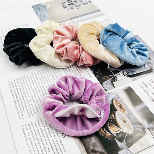 DaKuan 6 Pack Velvet Scrunchies with Pocket Hidden Zipper, Zipper Satin Hair Ties Elastic Bands for Women, Girls, Storage Money, Lipstick, Necklace and Keys (Navy, Tan, Black, Pink, Purple, Beige)