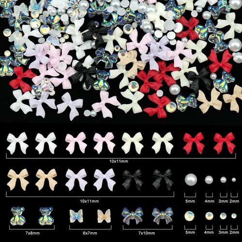 3D Colorful Bow Nail Charms Aurora Bowknot Bear Butterfly Nail Charms White Nail Pearls Starry AB Crystals Rhinestones for Nail Art DIY Crafts Jewel