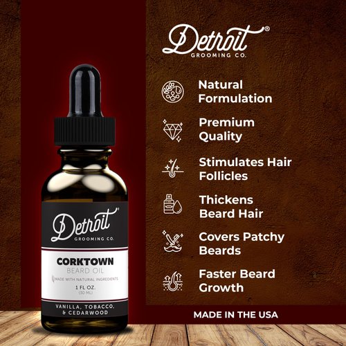 Detroit Grooming Co.Natural Beard Oil for Men-Nourishing & Organic Beard Moisturizer w/Sweet Almond Oil & Vitamin E-Softens,Boosts Growth-Vanilla,Tobacco & Cedarwood Scent - Corktown-1oz