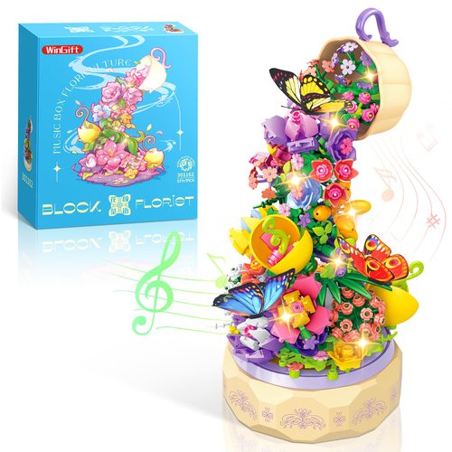 WinGift 579 Piece Flowers Music Box Building Set,Artificial Flowers Series Rotating Music Box Building Kit,Creative Project Botanical Collection Crafts Set,Christmas Birthday Gift for Girl Boy Ages 6+