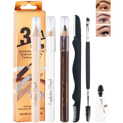 Eyebrow Pencil Brow Lift Highlighting Pencil Contour Pen Set-3 Pcs Long Lasting Waterproof Eye Makeup Pencil, Highlighter Stick for Women, Fill and Defined Brow, with Sharpener & Brow Tool-Black Brown