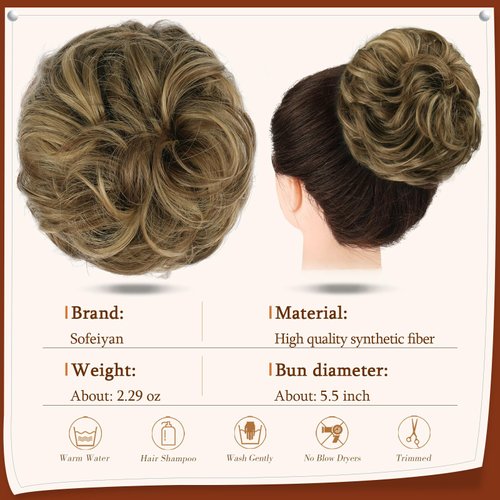 SOFEIYAN Claw Clip Messy Bun Hair Piece Wavy Curly Hair Bun Clip in Claw Chignon Ponytail Hairpieces Synthetic Tousled Updo Hair Extensions Scrunchie Hairpiece for Women, Golden Brown & Light Blonde