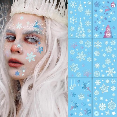 Snowflake Temporary Tattoos Winter Snowflake Glitter Tattoos Blue White Snowflake Elk Sticker Xmas Accessories Glow in the Dark Fake Temporary Tattoo Stickers for Christmas Party Supplies 6 Sheets