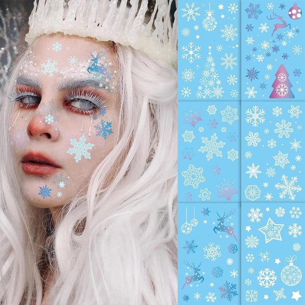 Snowflake Temporary Tattoos Winter Snowflake Glitter Tattoos Blue White Snowflake Elk Sticker Xmas Accessories Glow in the Dark Fake Temporary Tattoo Stickers for Christmas Party Supplies 6 Sheets