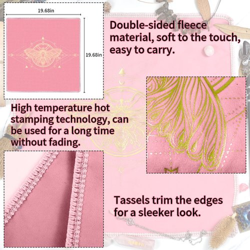 Knana 2Pcs Tarot Card Cloth - Velvet Tarot Cloth with Tarot Card Holder Bag, Golden Bee Pattern Altar Tarot Cloth 19.68 by 19.68 inches - Pink