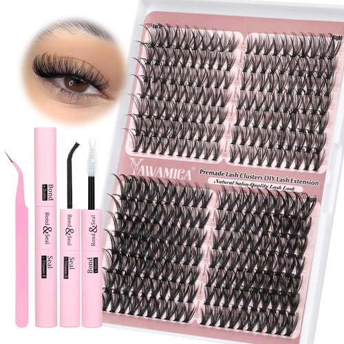 Yawamica Lash Clusters Kit Wispy Eyelash Extension Kit 30D 40D DIY Lash Extension Kit 9-16mm Left & Right Premade Natural Individual Lashes 280 pcs with Lash Bond and Seal and Lash Tweezers