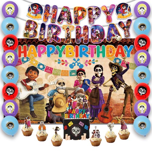 42pcs Dsney Coco Birthday Party Supplies -Included Banner, cupcake toppers , backdrop and Balloons Banner for Coco Cartoon Themed Party Decorations