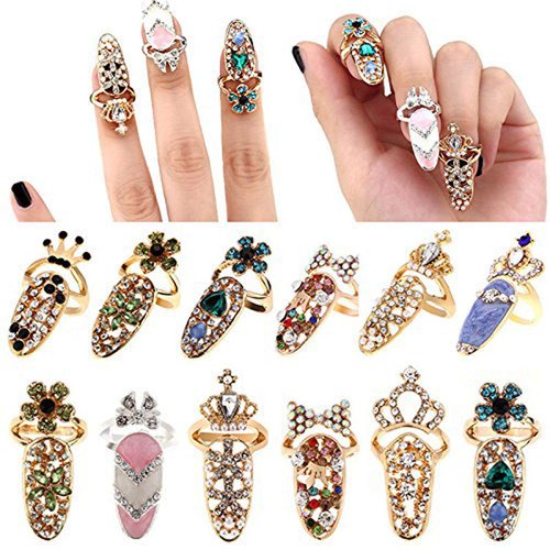 CosCosX 12 Pcs Women Luxury Fingernails Ring Fashion Bowknot Knuckle Nail Ring Decoration Tip Nail Art Charm Crown Flower Crystal Rhinestone Finger Nail Rings