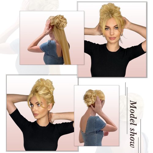Claw Clip Messy Bun Hair Piece Real Human Hair Buns Wavy Curly Chignon Hair Bun Extensions Tousled Updo Hair Buns Claw Clip Ponytail Hairpieces with Clip for Women（Brown with Blonde Highlights）