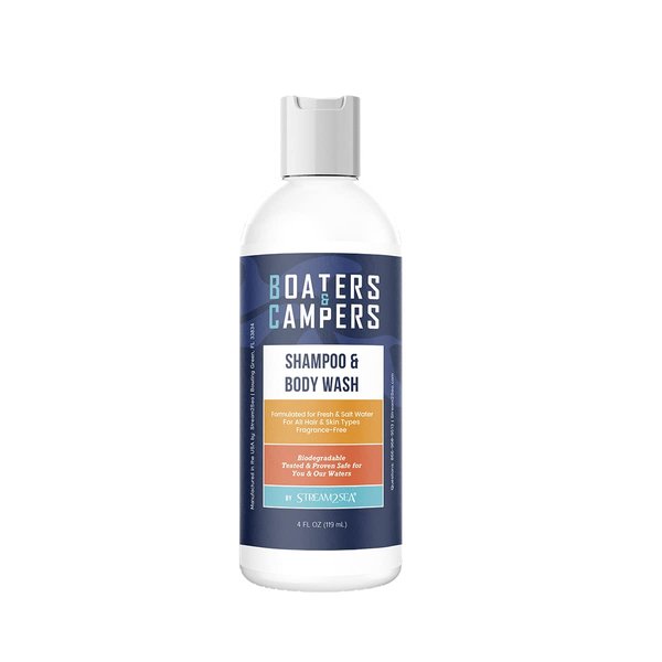STREAM 2 SEA Boaters and Campers Hair Shampoo, 4 oz Reef Safe Fragrance Free All Natural Shampoo For Camping and Boating, Anti Frizz and Color Safe Shampoo, Paraben Free Hydrating Shampoo