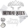 Birthday Decorations for Women Including Birthday Sash & Pin, Crown, Birthday Cake Topper, Birthday Pin Button. Queen Sash and Birthday Tiara for women and Grils MS4U (Silver)
