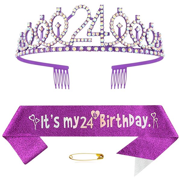 Purple 24th Birthday Sash for Girls Birthday Princess Crown Queen Tiara Rhinestone Birthday Headbands Birthday Girl Sash Happy Birthday Decorations for Girl Women 24 Year Old Birthday Party Supplies