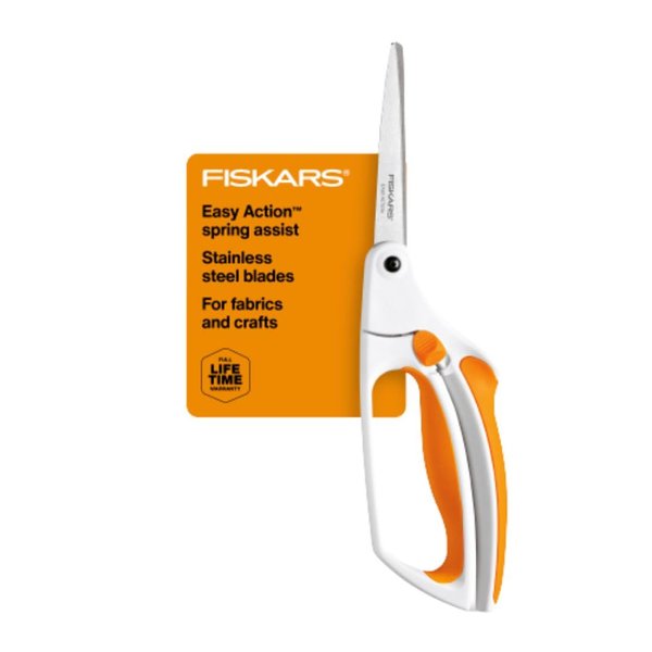 Fiskars Premier No. 8 Easy Action Scissors - 10" Spring Action Fabric and Craft Scissors - Arts and Crafts - Orange/White