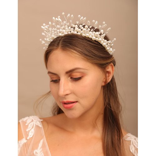 Teyglen Wedding Pearl Beads Headband Tiara Hair Crown Vintage Pearl Hair Pieces Bridal Crown Headpieces for Bride Hair Accessories for for Wedding Prom Birthday Party