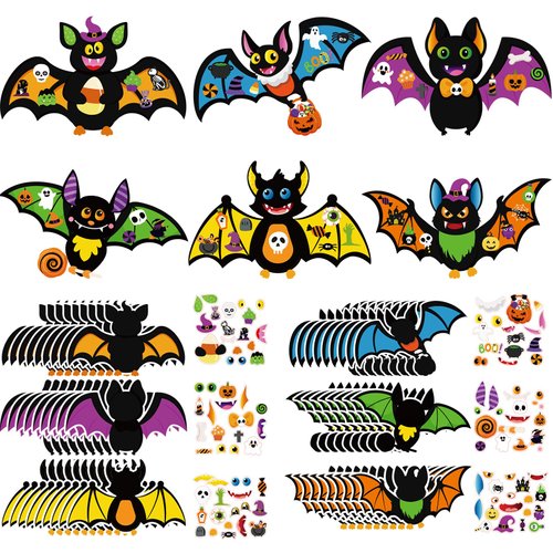 Pajean 48 Packs Halloween Craft Kits for Kids Halloween Bat Craft Kit Make Your Own Bat Craft DIY Halloween Craft Stickers Ornament DIY Arts and Crafts for Kids Classroom Activities