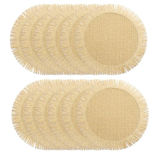 FunWheat Paper Round Placemats Set of 12 for Dining Tables 15 Inch Heat Resistant Table Mats Handmade Natural Place mats for Farmhouse Decoration(Beige)