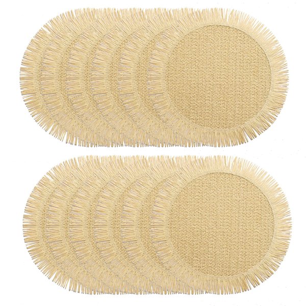 FunWheat Paper Round Placemats Set of 12 for Dining Tables 15 Inch Heat Resistant Table Mats Handmade Natural Place mats for Farmhouse Decoration(Beige)