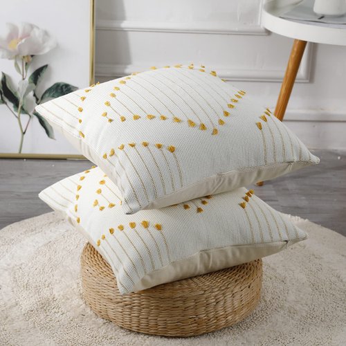 PANOD Set of 2 Boho Tufted Throw Pillow Covers with Tassel 18x18 inch, Decorative Indoor Outdoor Bohemian Square Cushion case Pillowcase for Couch Sofa Livingroom car Farmhouse Yellow and Cream White