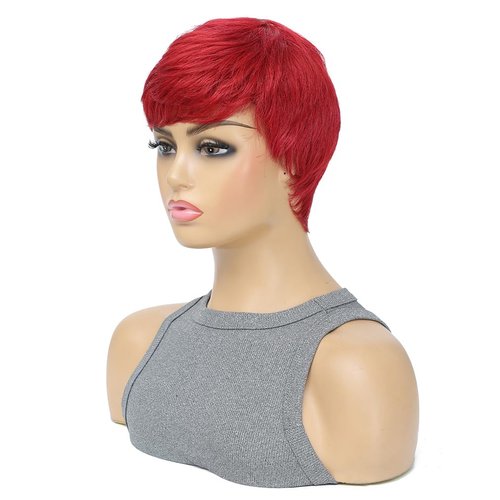 Kubiblue Pixie Cut Glueless Wigs Wear and Go Wig Burgundy Wine Red Short Pixie Cut Human Hair Wigs for Women None Lace Front Wig 99J Pixie Cut Wigs with Bangs for Daily Wear(99J)