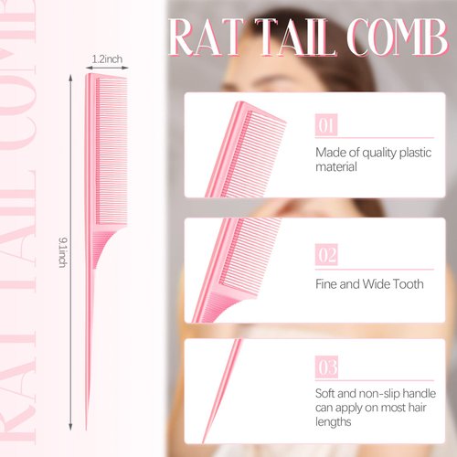 2 Pack Rat Tail Combs for Women Fine Tooth Comb Parting Tip Carbon Fiber Root Teasing Anti Static Heat Resistant Adding Volume Evening Hair Styling (Pink, Green)