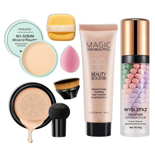 Mushroom Head Air Cushion CC Cream + BB Cream + Tri-color Color Corrector Isolation Cream Foundation Set Moisturizing Full Coverage Foundation Concealer Lasting Foundation Makeup Base Primer（7 Pcs）