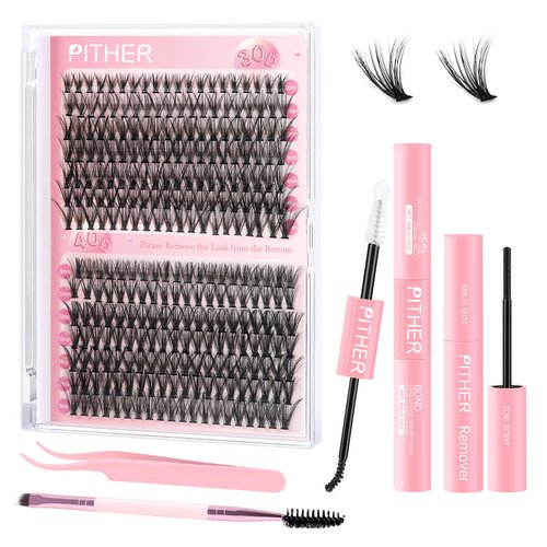 PITHER Eyelash Extension Kit 280PCS, Mix 30D 40D 9-16mm Waterproof Lash Clusters Kit with Lash Applicator Bond and Seal Lash Glue for Beginners DIY Lash Extensions at Home