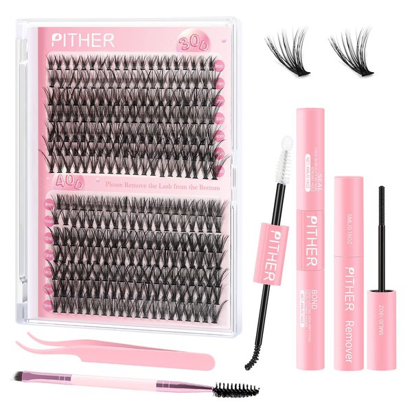 PITHER Eyelash Extension Kit 280PCS, Mix 30D 40D 9-16mm Waterproof Lash Clusters Kit with Lash Applicator Bond and Seal Lash Glue for Beginners DIY Lash Extensions at Home