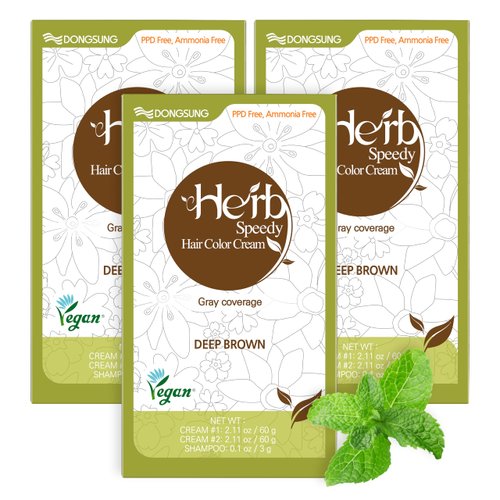 DONGSUNG Herb Speedy Color Cream (Deep Brown, 3 Pack), PPD Free, Ammonia Free, Vegan Hair Dye Contains Sun Protection Odorless No more Eye and/or Scalp Irritations From Coloring For Sensitive Scalp