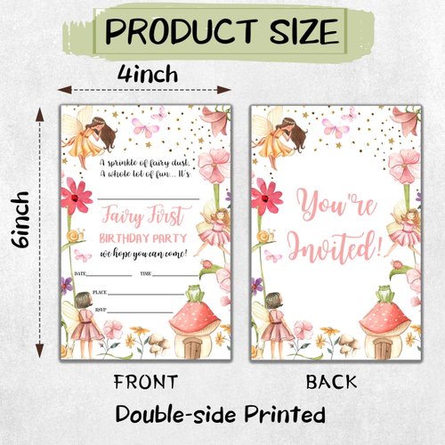 Sahjzk Magical Garden Princess Style Fill-In Birthday Invites(4"x6"), Fairy 1st Birthday Invitations with Envelopes(20-Pack), Birthday Party Supplies for Girls, Teen, Kids-A13