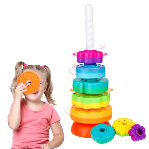 PracticeJQDEN Educational Baby Spinning Stacking Toy, Stacking Rings Baby Toy, Montessori Learning Toys for Toddlers, Fine Motor and Sensory Toys for Kids, Gift for Baby Girls Boys Age 12+ Months
