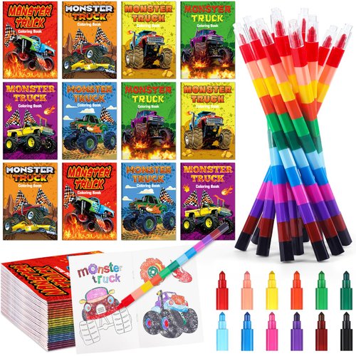 Miucat 12Pcs Monster Truck Party Favors Coloring Books with 12Pcs Stacking Crayons, Machines Jam Birthday Favors Books for Kids Boys Gifts Classroom Supplies