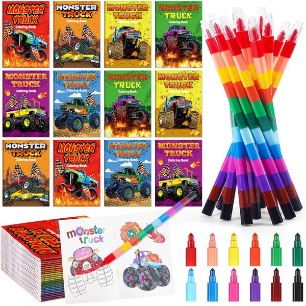 Miucat 12Pcs Monster Truck Party Favors Coloring Books with 12Pcs Stacking Crayons, Machines Jam Birthday Favors Books for Kids Boys Gifts Classroom Supplies