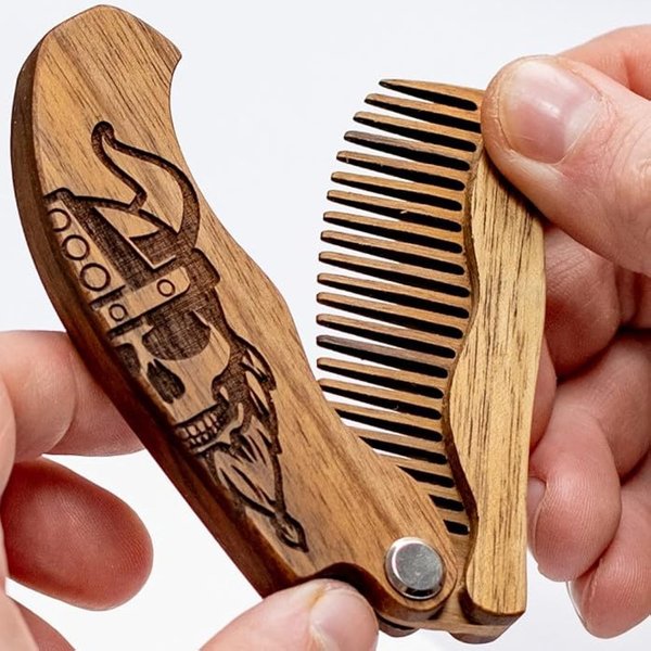 Beard Comb for Men Pocket Folding Combs for Mustache & Hair Travel Natural Wooden Comb with Real Man Engraving - Perfect for Use w/Beard Balm Oil (Wavy Half Skull) (Model WV)