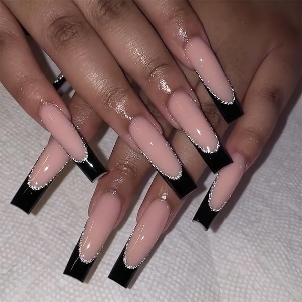 Mkwntg Black French Tip Press on Nails Long Square Fake Nails Nude Black False Nails with Designs Silver Glitter Full Cover Glue on Nails luxury Reusable Artificial Acrylic Nails for Women Girls 24Pcs