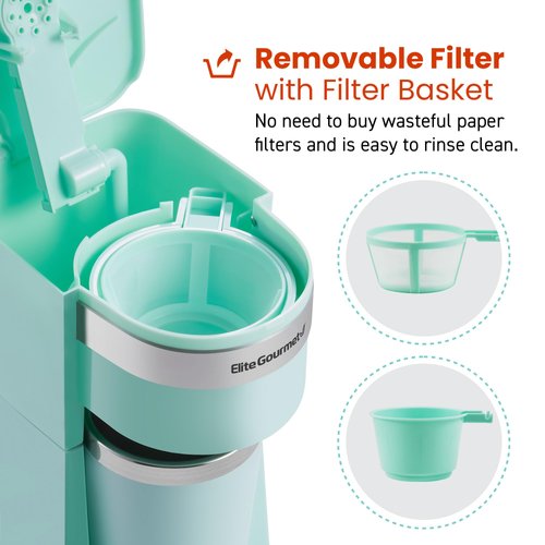 Elite Gourmet EHC117M Personal Single-Serve Compact Coffee Maker Brewer Includes 14Oz. Thermal Travel Mug with Stainless Steel Interior, Compatible with Coffee Grounds, Reusable Filter, Mint