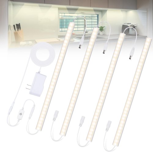 Under Cabinet Lights Plug-in Daylight White 4000K, Dimmable LED Under Cabinet Lighting, 4pcs 12 Inch Under-Counter Light Fixtures with Memory Function, Linkable LED Cabinet Light for Kitchen