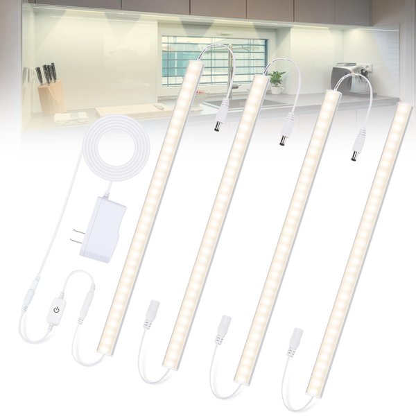 Under Cabinet Lights Plug-in Daylight White 4000K, Dimmable LED Under Cabinet Lighting, 4pcs 12 Inch Under-Counter Light Fixtures with Memory Function, Linkable LED Cabinet Light for Kitchen