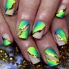 Press on Nails Short Square Fluorescent Green Design False Nails Gold Lines Full Cover Reusable Fake Nails Gradient French Artificial Acrylic Nails Medium Glossy Coffin Nails Glue on Nails for Women