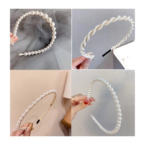 ZAHSY White Pearl Headband Wedding Headbands for Bride Bridesmaids Hair Hoop Pearl head band Rhinestone Headband for Women 4 Pack Bridal Pearl Hair Band Accessories for Wedding