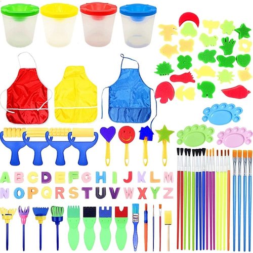 Fycooler Paint Brushes for Kids with No Spill Paint Cups with Colored Lids and Art Smock 100PCS Brush Set,Kids Paint Brushes Toddler Paint Brushes Watercolor for Preschool Washable Paint Acrylic Paint